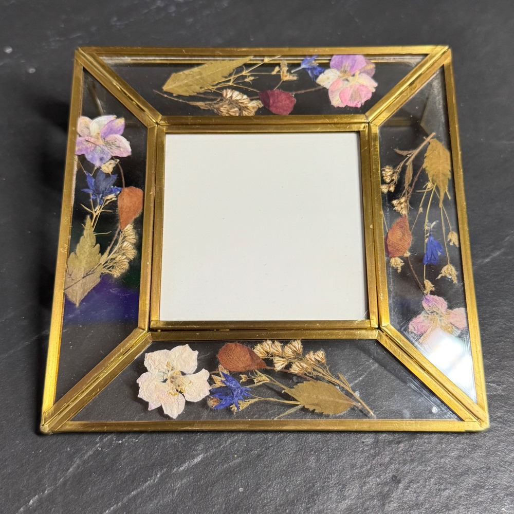 Pressed Flower Glass Picture Frame Gold Brass Tone Square 5.5x5.5 Made in India